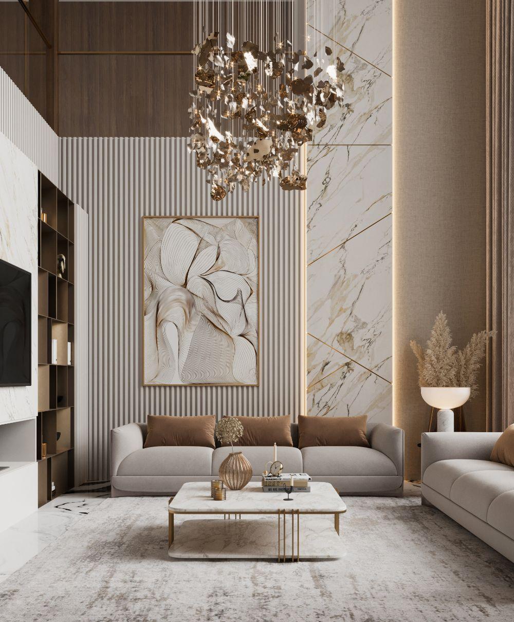 Italian contemporary living room with gold accents and marble details