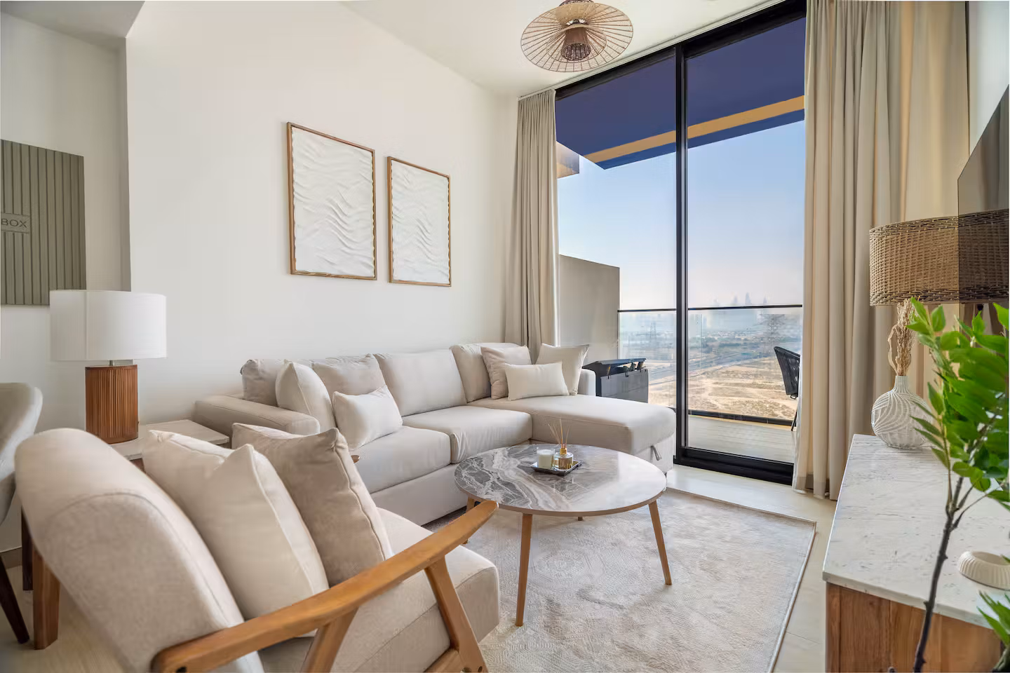 Soft Scandinavian living room with Dubai city view