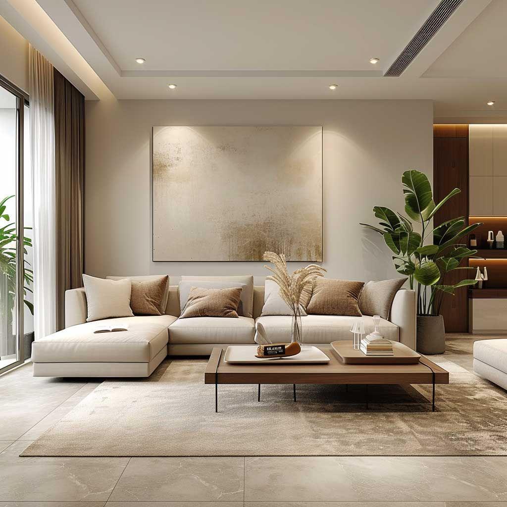 Warm neutral living room with earthy modern styling